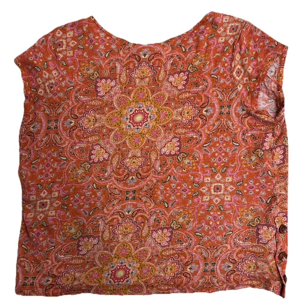 Joie 100% Linen Boho Paisley Kaleidoscope Boxy Top w/ Side Buttons – Size L - Picture 2 of 4